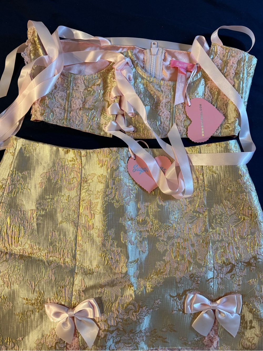 Sugar Thrillz Pastel Pink and Gold Brocade Mini Skirt Set